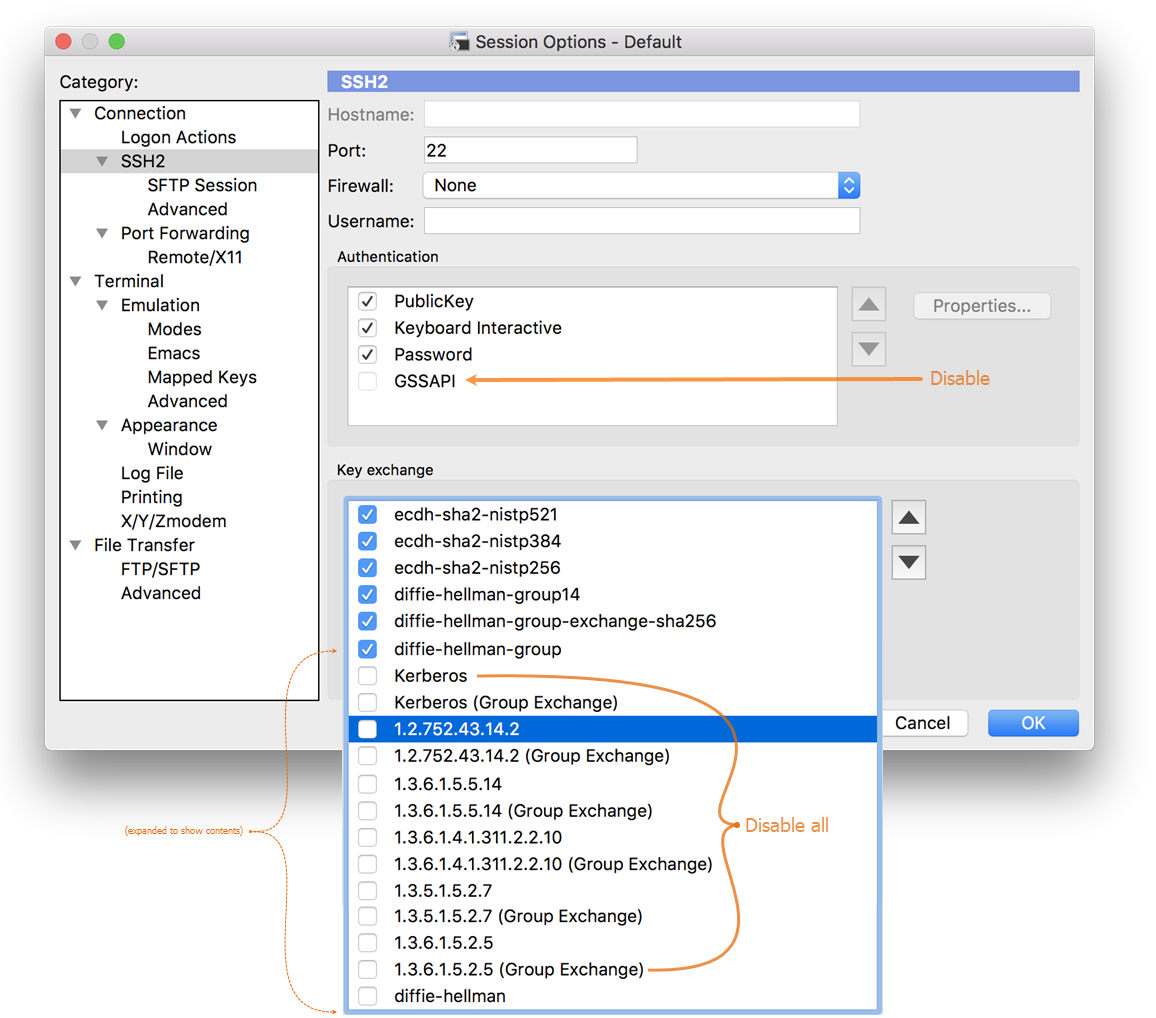 Screenshot showing how to disable GSSAPI and Kerberos authentication in the Session Options / SSH2 category on the macOS version of SecureCRT