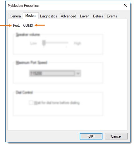 Screenshot of MyModem Properties