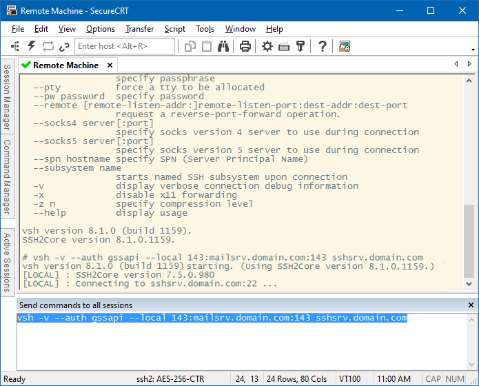 Screenshot showing a VShell connection with the SecureCRT Command window being used to set up a port forward for email