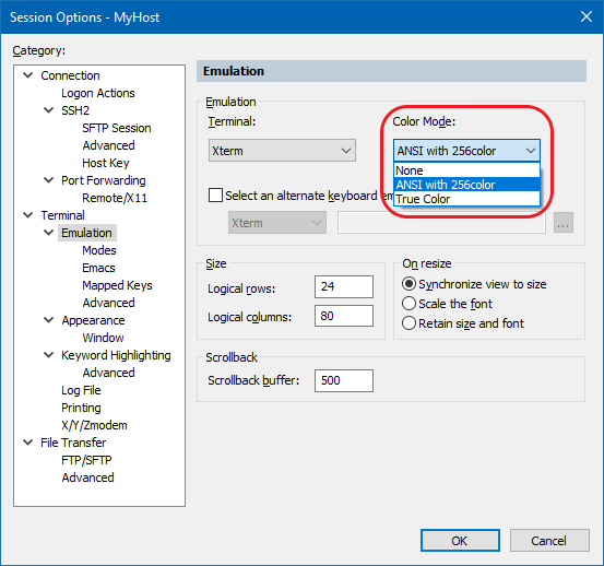 Screenshot showing Color Mode option in the Terminal/Emulation category of the Session Options dialog