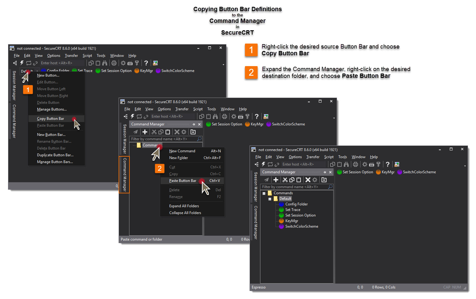 Copying Button Bar Definitions to the Command Manager in SecureCRT