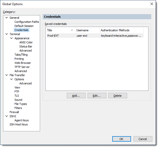 Global Options with Saved Credentials Displayed