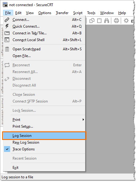 Screenshot showing File menu Log Session menu