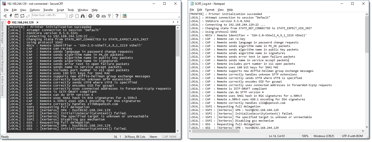 Screenshot showing the SecureCRT terminal window and log file side by side