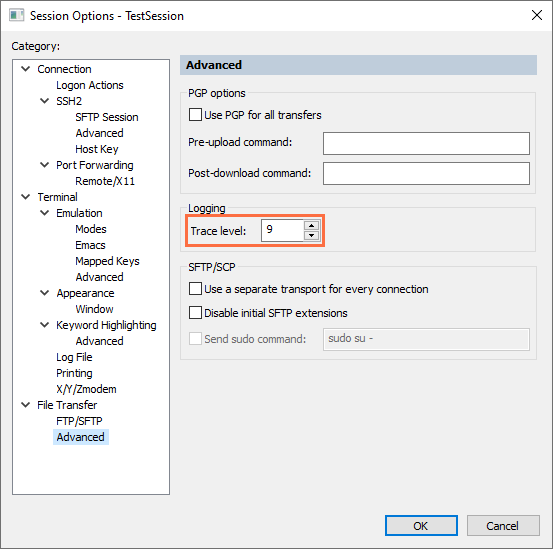 Screenshot showing Session Options menu with Logging Trace level set to 9