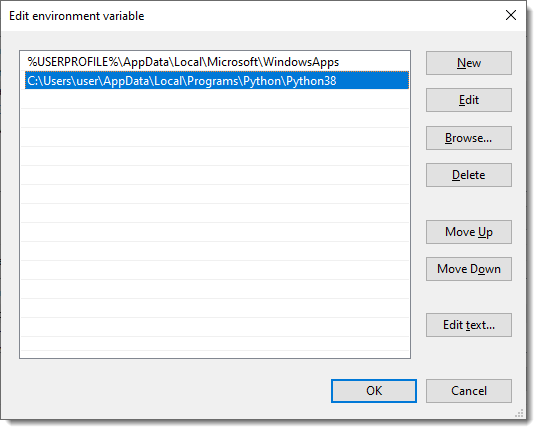 Screenshot of Windows Edit environment variable dialog