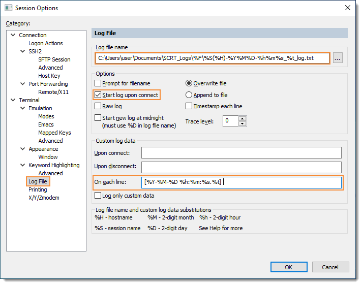 Screenshot of the Session Options / Log File dialog showing the log data subsitutions entered into the On each line entry box.