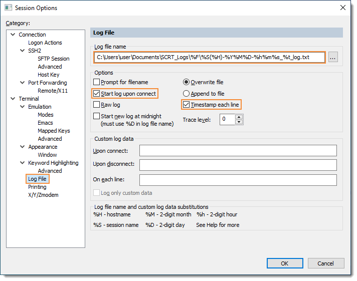 Screenshot of an example Session Options dialog where the log file name, path, and substitution variables have been configured in the Log file name entry box, and the Start log upon connect and Timestamp each line options have been selected.