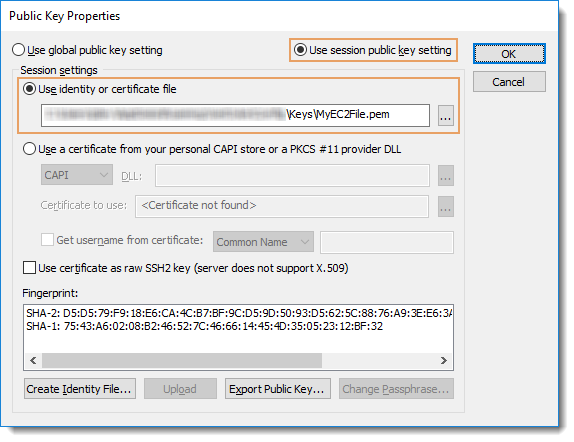 Public Key Properties Exception Session/Use session public key setting