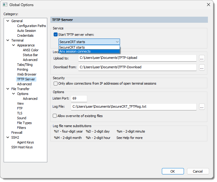 Screenshot showing the Global Options/TFTP Server/Start TFTP Server When dialog